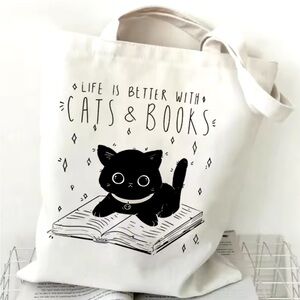 Life Is Better with Cats & Books Canvas Tote Bag